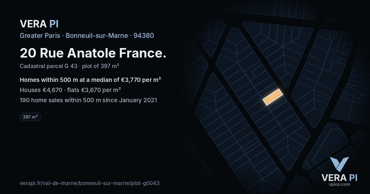 20 Rue Anatole France, Bonneuil-sur-Marne at night – the plot lit, the parcels around coloured by the prices near them