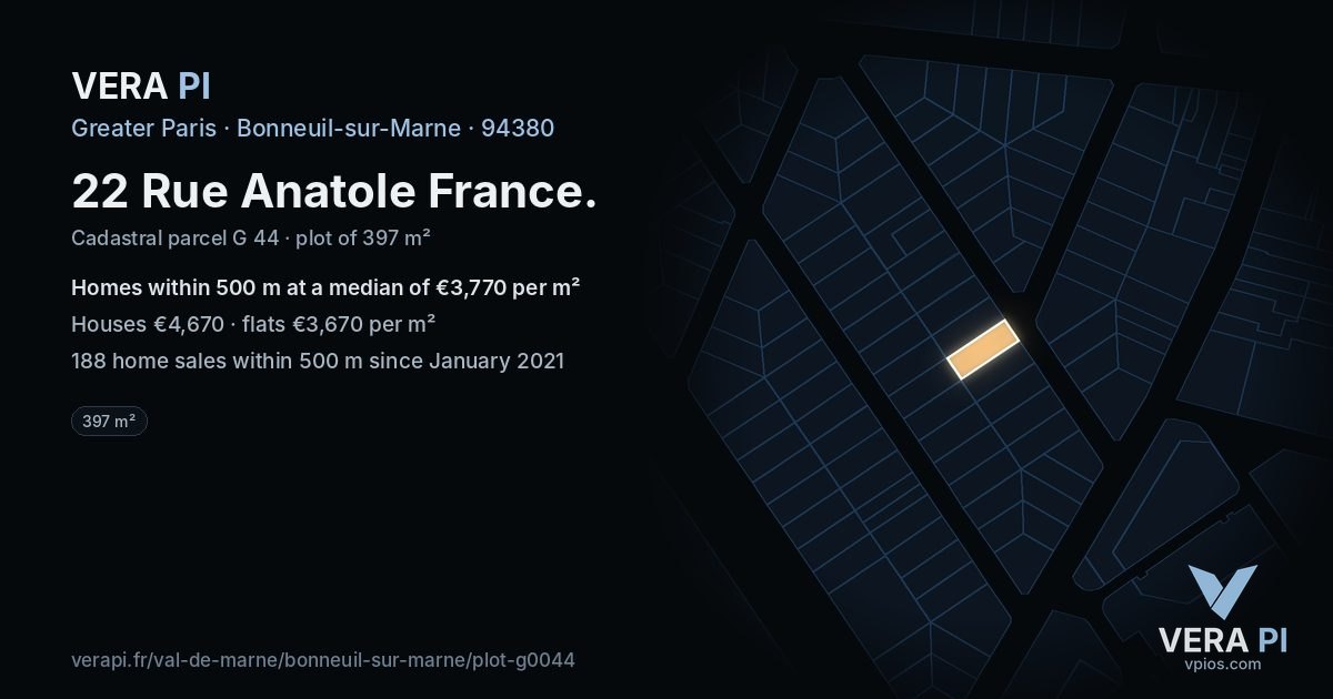 22 Rue Anatole France, Bonneuil-sur-Marne at night – the plot lit, the parcels around coloured by the prices near them
