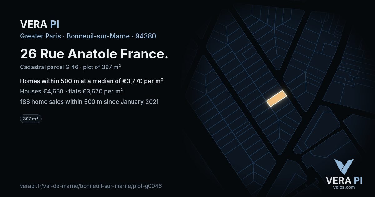 26 Rue Anatole France, Bonneuil-sur-Marne at night – the plot lit, the parcels around coloured by the prices near them