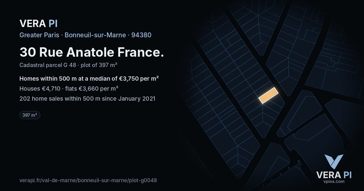 30 Rue Anatole France, Bonneuil-sur-Marne at night – the plot lit, the parcels around coloured by the prices near them