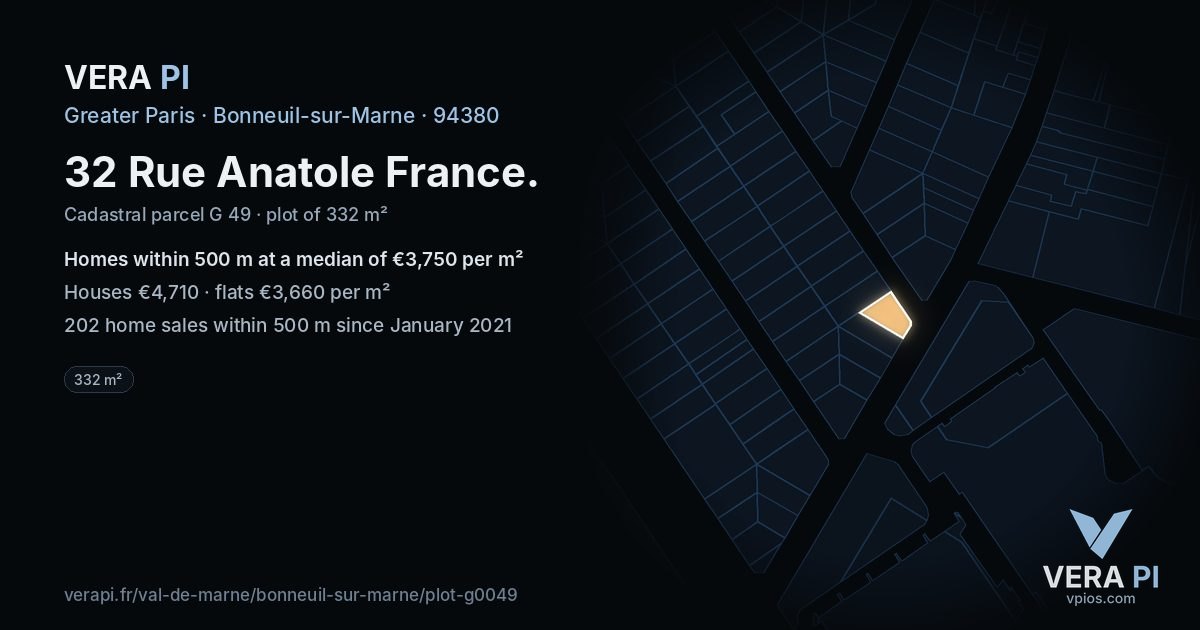32 Rue Anatole France, Bonneuil-sur-Marne at night – the plot lit, the parcels around coloured by the prices near them