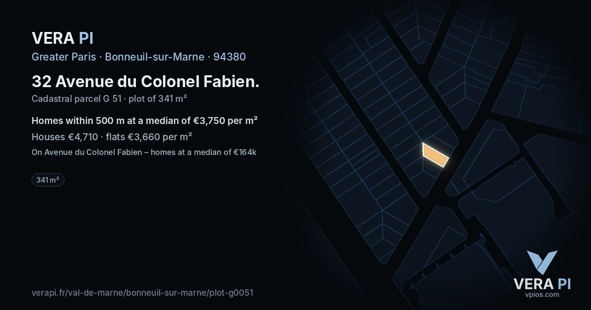 32 Avenue du Colonel Fabien, Bonneuil-sur-Marne at night – the plot lit, the parcels around coloured by the prices near them