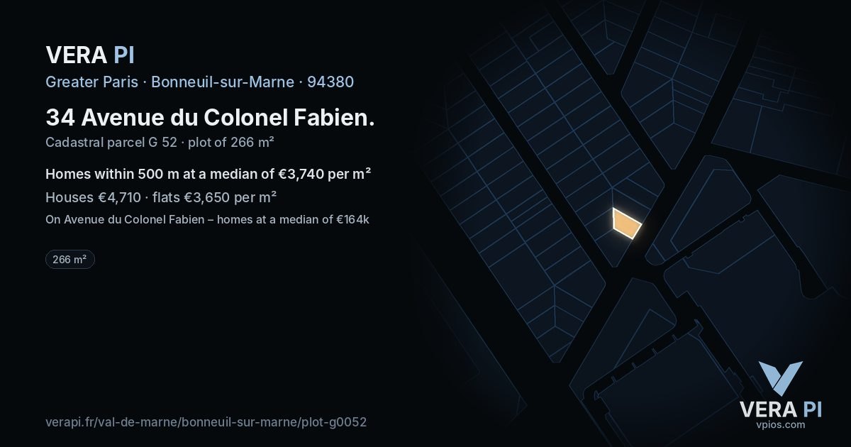 34 Avenue du Colonel Fabien, Bonneuil-sur-Marne at night – the plot lit, the parcels around coloured by the prices near them
