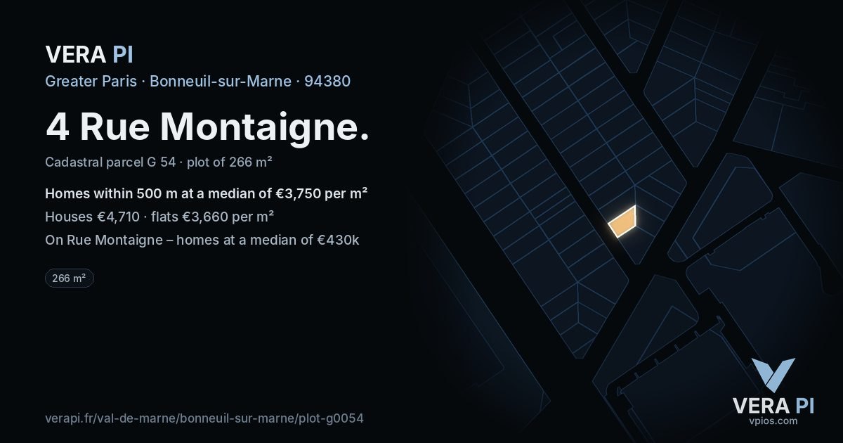 4 Rue Montaigne, Bonneuil-sur-Marne at night – the plot lit, the parcels around coloured by the prices near them