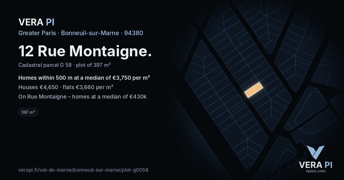 12 Rue Montaigne, Bonneuil-sur-Marne at night – the plot lit, the parcels around coloured by the prices near them