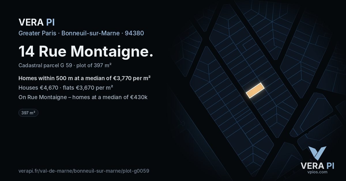 14 Rue Montaigne, Bonneuil-sur-Marne at night – the plot lit, the parcels around coloured by the prices near them