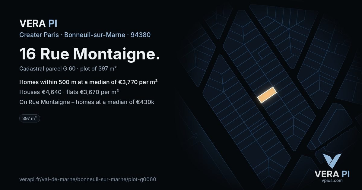 16 Rue Montaigne, Bonneuil-sur-Marne at night – the plot lit, the parcels around coloured by the prices near them