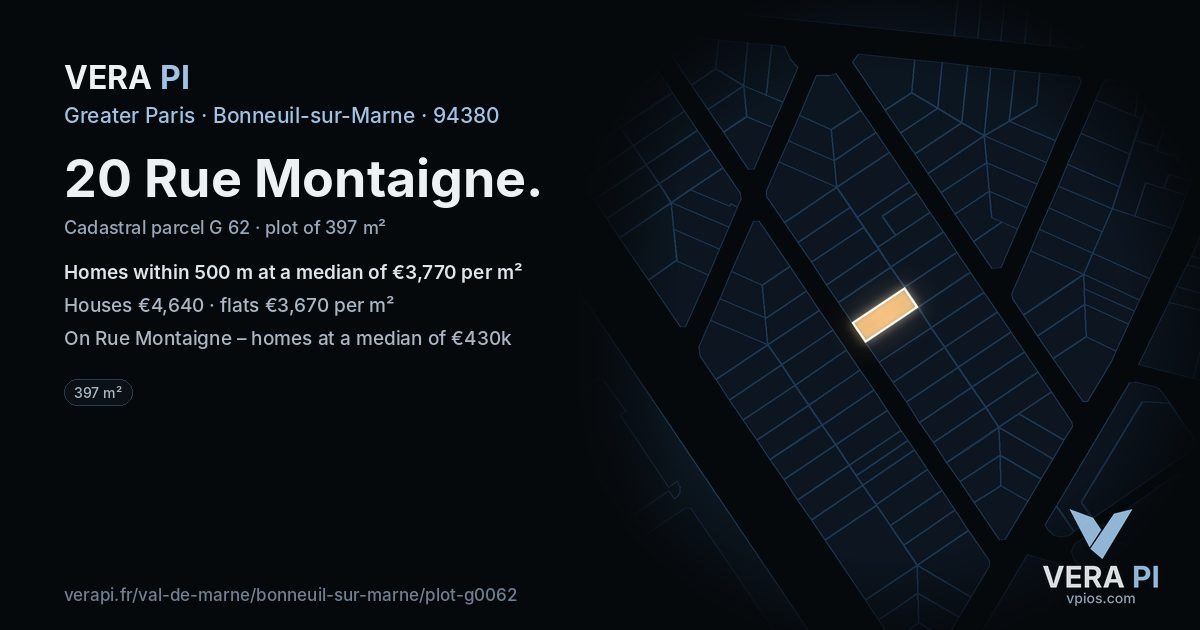 20 Rue Montaigne, Bonneuil-sur-Marne at night – the plot lit, the parcels around coloured by the prices near them