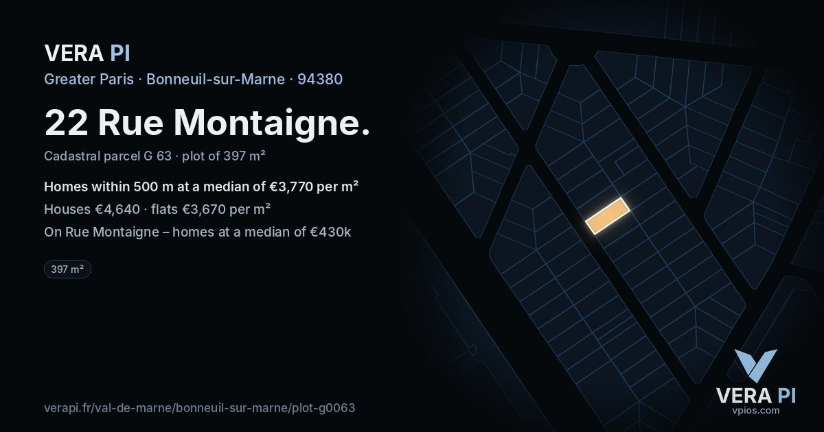 22 Rue Montaigne, Bonneuil-sur-Marne at night – the plot lit, the parcels around coloured by the prices near them