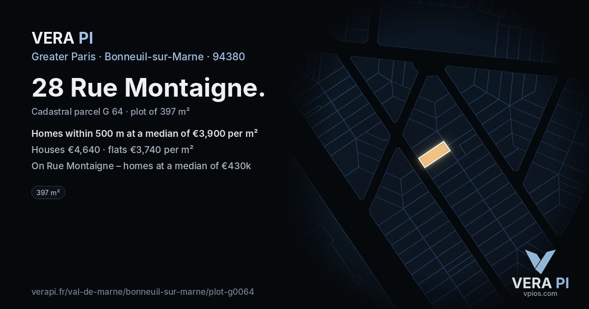 28 Rue Montaigne, Bonneuil-sur-Marne at night – the plot lit, the parcels around coloured by the prices near them