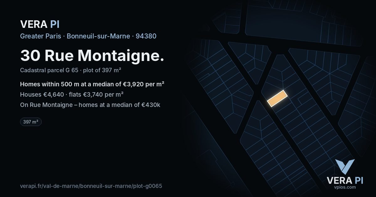 30 Rue Montaigne, Bonneuil-sur-Marne at night – the plot lit, the parcels around coloured by the prices near them