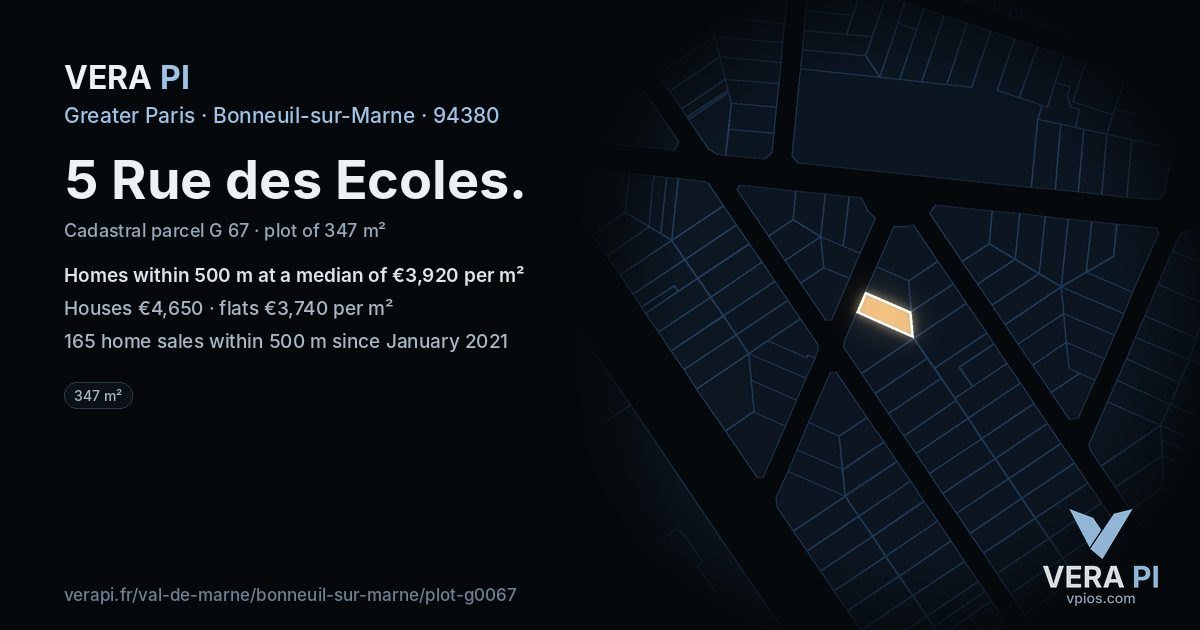 5 Rue des Ecoles, Bonneuil-sur-Marne at night – the plot lit, the parcels around coloured by the prices near them