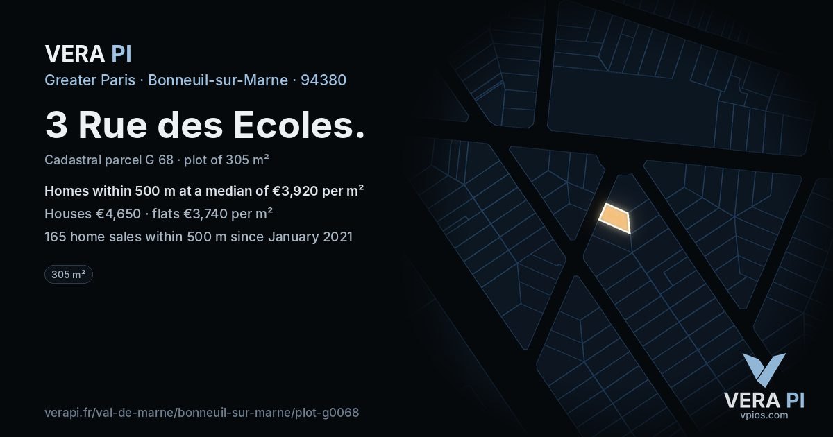 3 Rue des Ecoles, Bonneuil-sur-Marne at night – the plot lit, the parcels around coloured by the prices near them