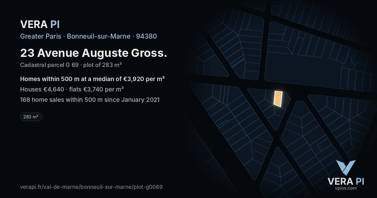 23 Avenue Auguste Gross, Bonneuil-sur-Marne at night – the plot lit, the parcels around coloured by the prices near them