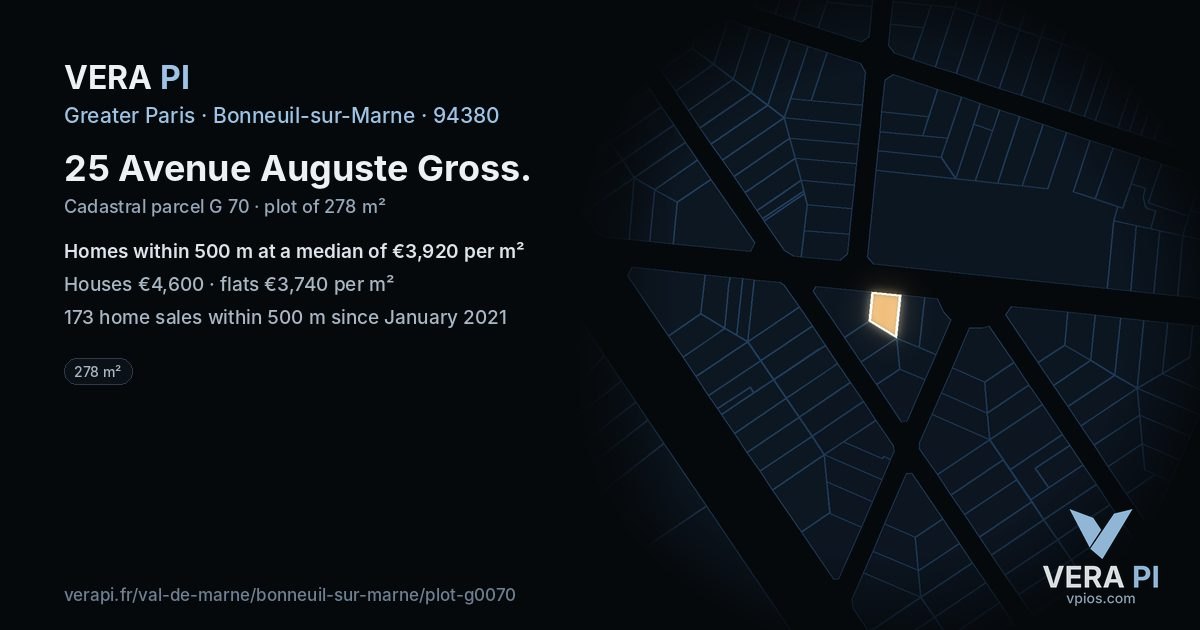 25 Avenue Auguste Gross, Bonneuil-sur-Marne at night – the plot lit, the parcels around coloured by the prices near them