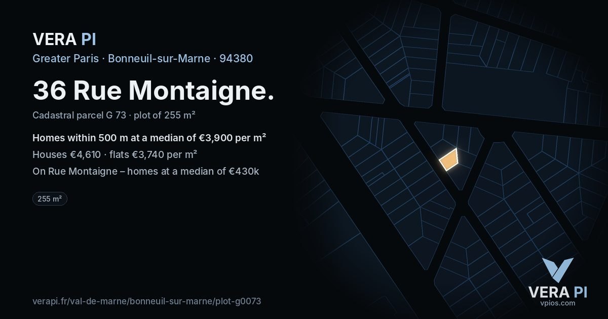 36 Rue Montaigne, Bonneuil-sur-Marne at night – the plot lit, the parcels around coloured by the prices near them