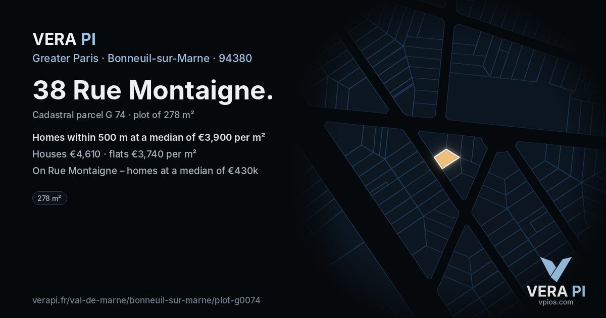38 Rue Montaigne, Bonneuil-sur-Marne at night – the plot lit, the parcels around coloured by the prices near them