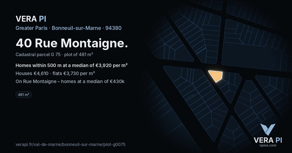 40 Rue Montaigne, Bonneuil-sur-Marne at night – the plot lit, the parcels around coloured by the prices near them
