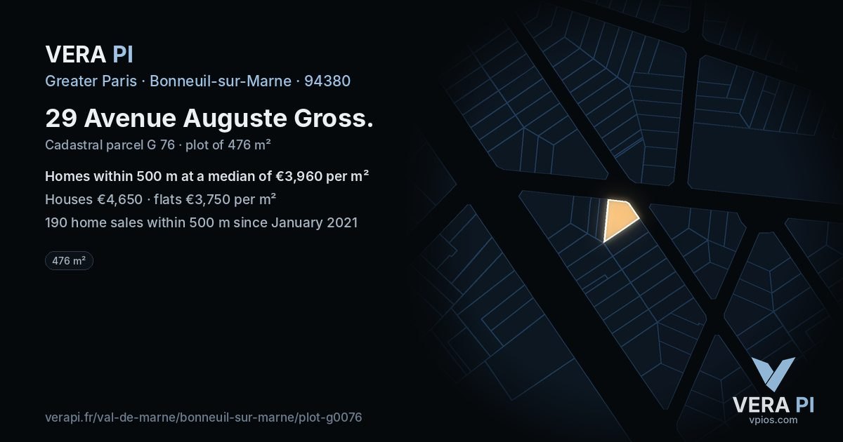 29 Avenue Auguste Gross, Bonneuil-sur-Marne at night – the plot lit, the parcels around coloured by the prices near them
