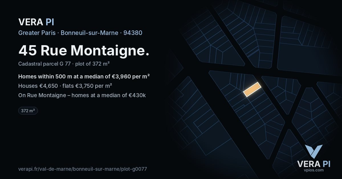 45 Rue Montaigne, Bonneuil-sur-Marne at night – the plot lit, the parcels around coloured by the prices near them