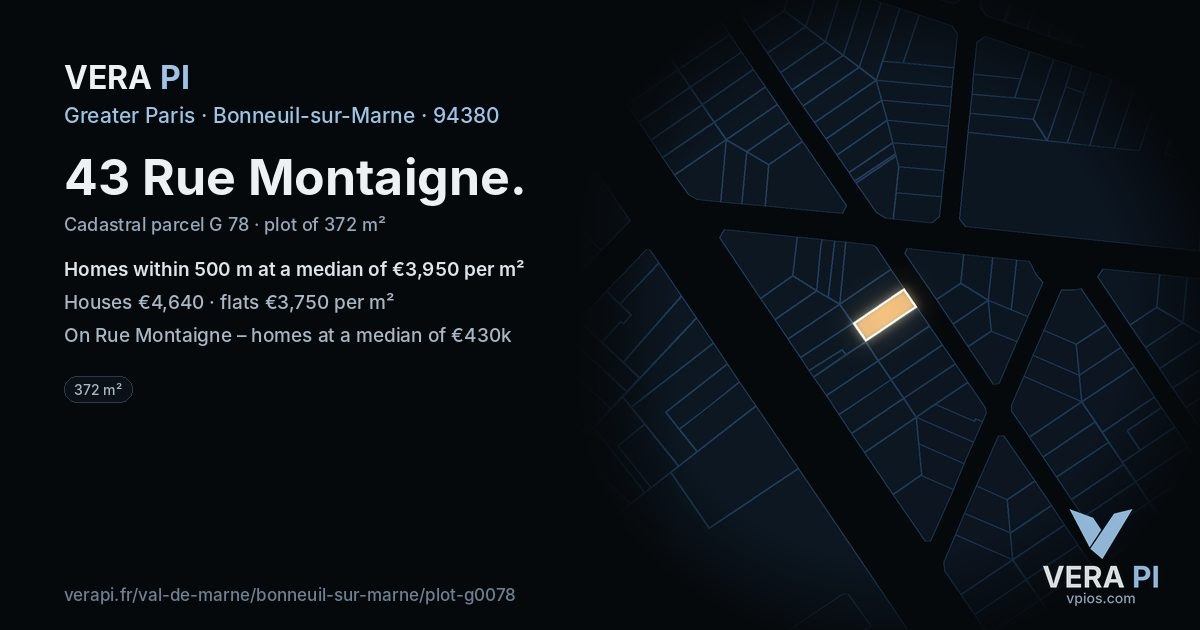 43 Rue Montaigne, Bonneuil-sur-Marne at night – the plot lit, the parcels around coloured by the prices near them