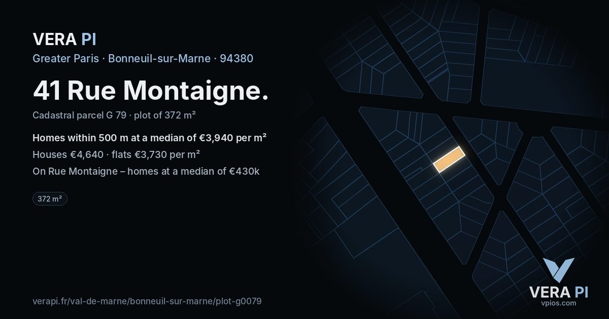 41 Rue Montaigne, Bonneuil-sur-Marne at night – the plot lit, the parcels around coloured by the prices near them