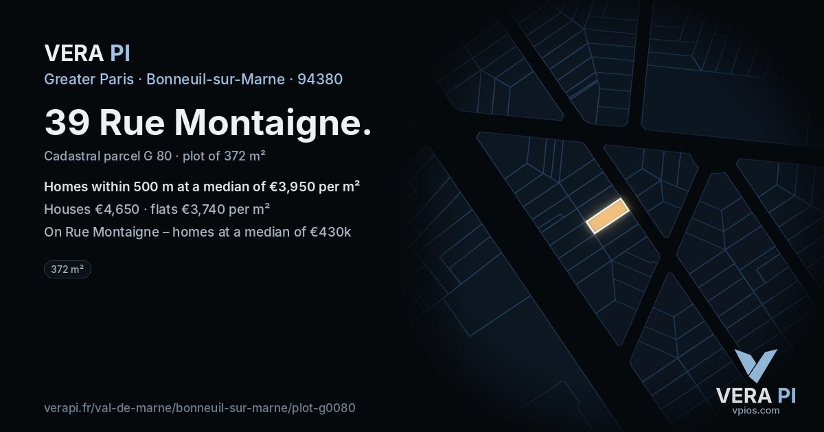 39 Rue Montaigne, Bonneuil-sur-Marne at night – the plot lit, the parcels around coloured by the prices near them
