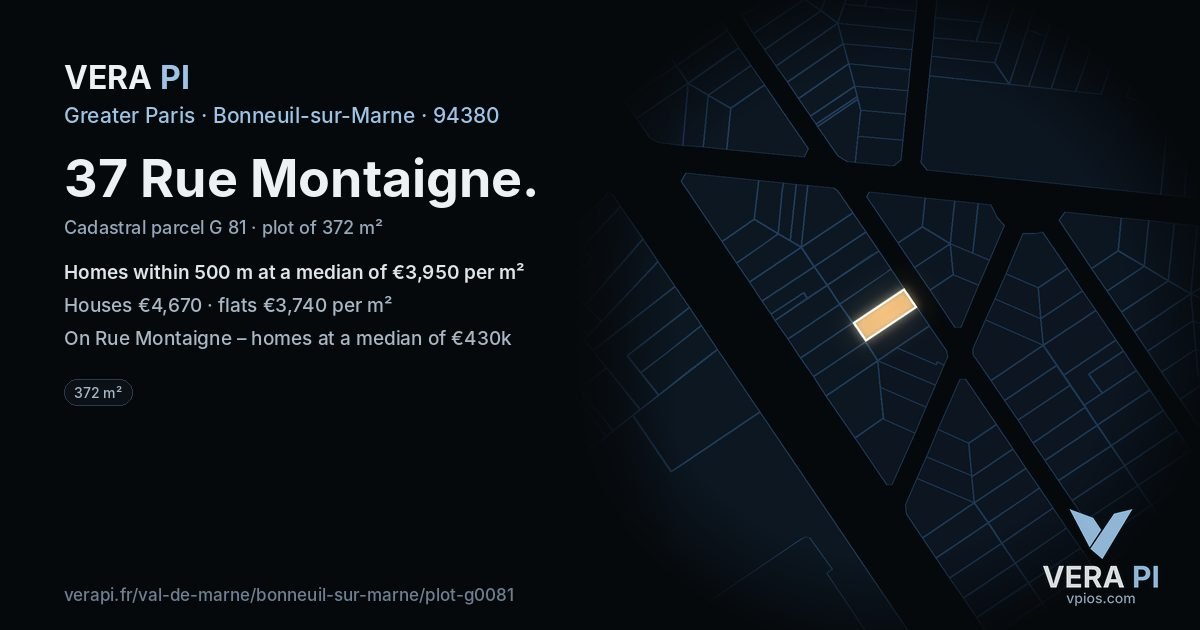 37 Rue Montaigne, Bonneuil-sur-Marne at night – the plot lit, the parcels around coloured by the prices near them