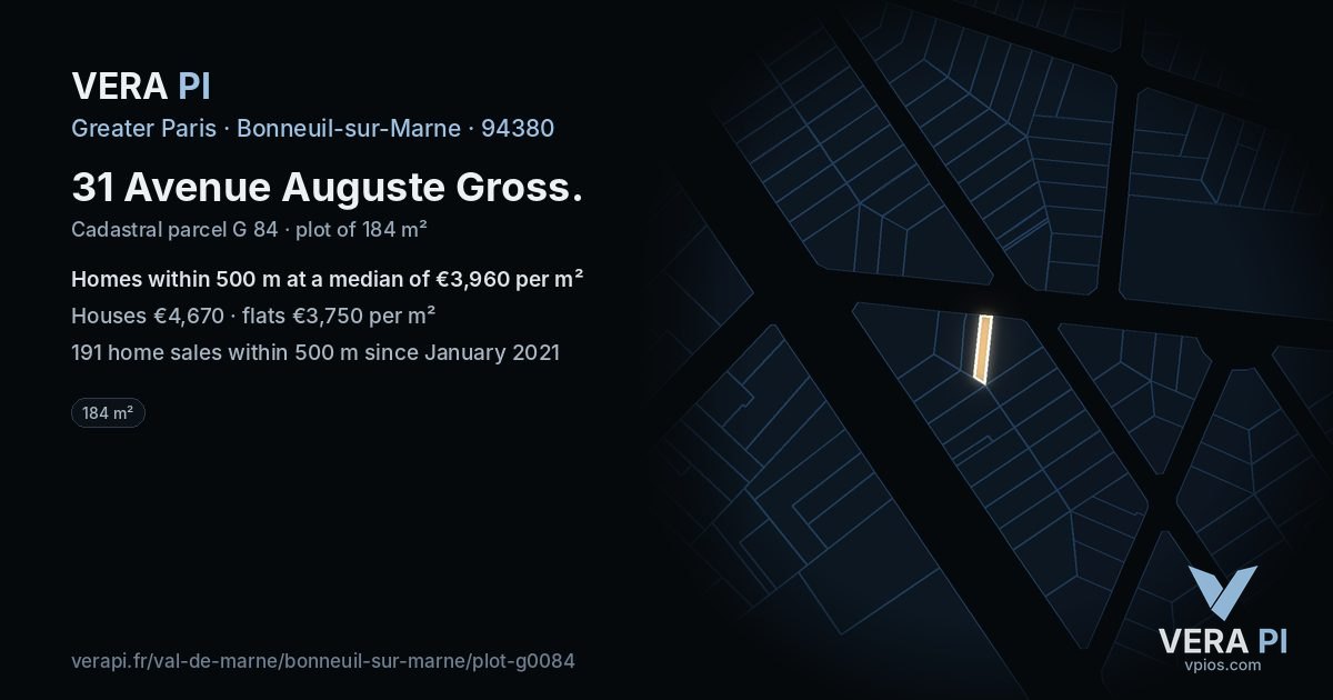 31 Avenue Auguste Gross, Bonneuil-sur-Marne at night – the plot lit, the parcels around coloured by the prices near them