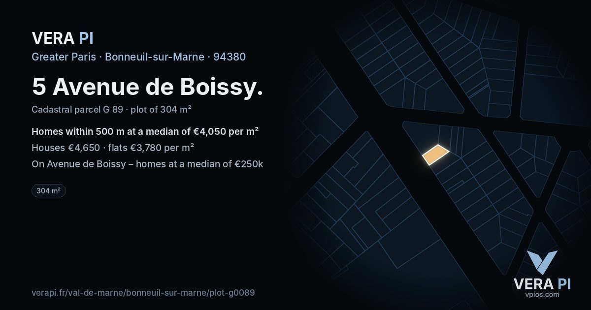 5 Avenue de Boissy, Bonneuil-sur-Marne at night – the plot lit, the parcels around coloured by the prices near them