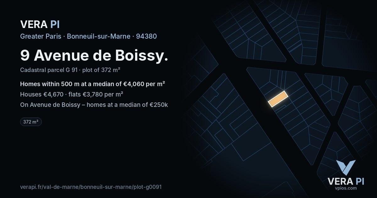 9 Avenue de Boissy, Bonneuil-sur-Marne at night – the plot lit, the parcels around coloured by the prices near them