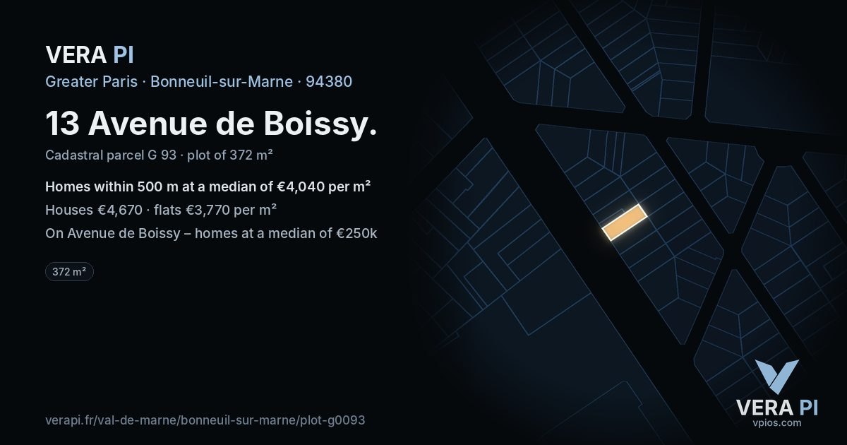13 Avenue de Boissy, Bonneuil-sur-Marne at night – the plot lit, the parcels around coloured by the prices near them