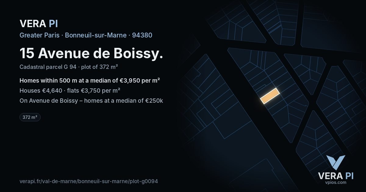 15 Avenue de Boissy, Bonneuil-sur-Marne at night – the plot lit, the parcels around coloured by the prices near them