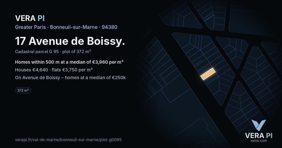 17 Avenue de Boissy, Bonneuil-sur-Marne at night – the plot lit, the parcels around coloured by the prices near them