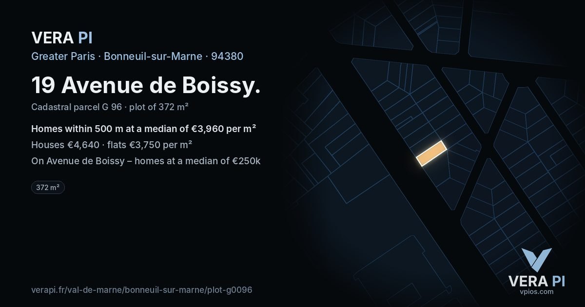 19 Avenue de Boissy, Bonneuil-sur-Marne at night – the plot lit, the parcels around coloured by the prices near them