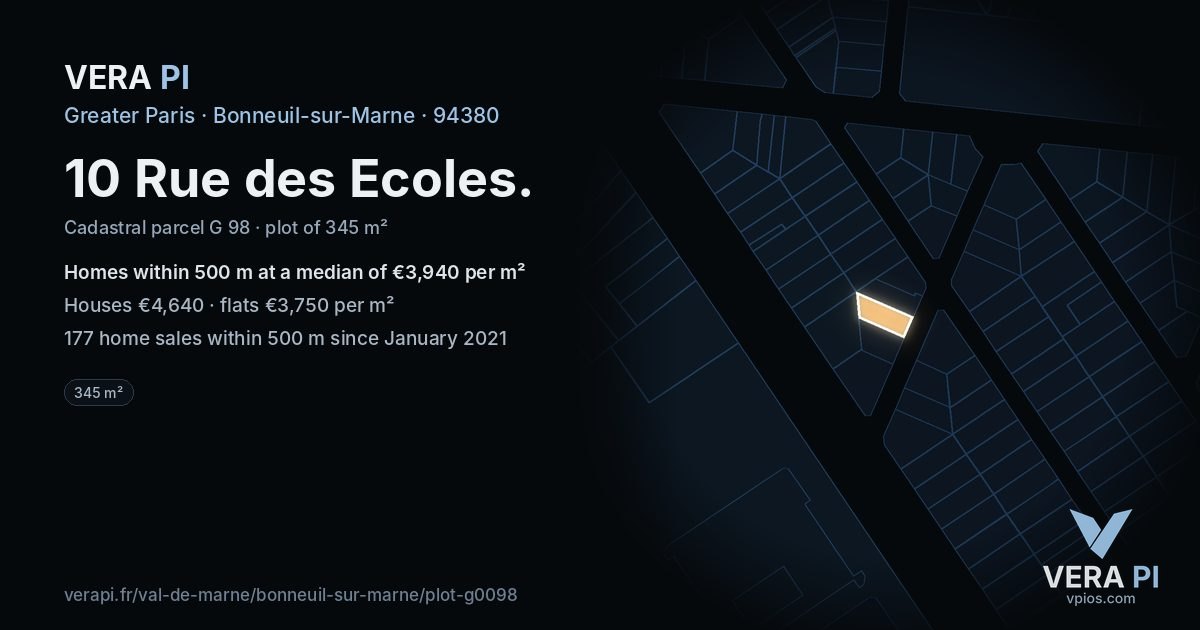 10 Rue des Ecoles, Bonneuil-sur-Marne at night – the plot lit, the parcels around coloured by the prices near them