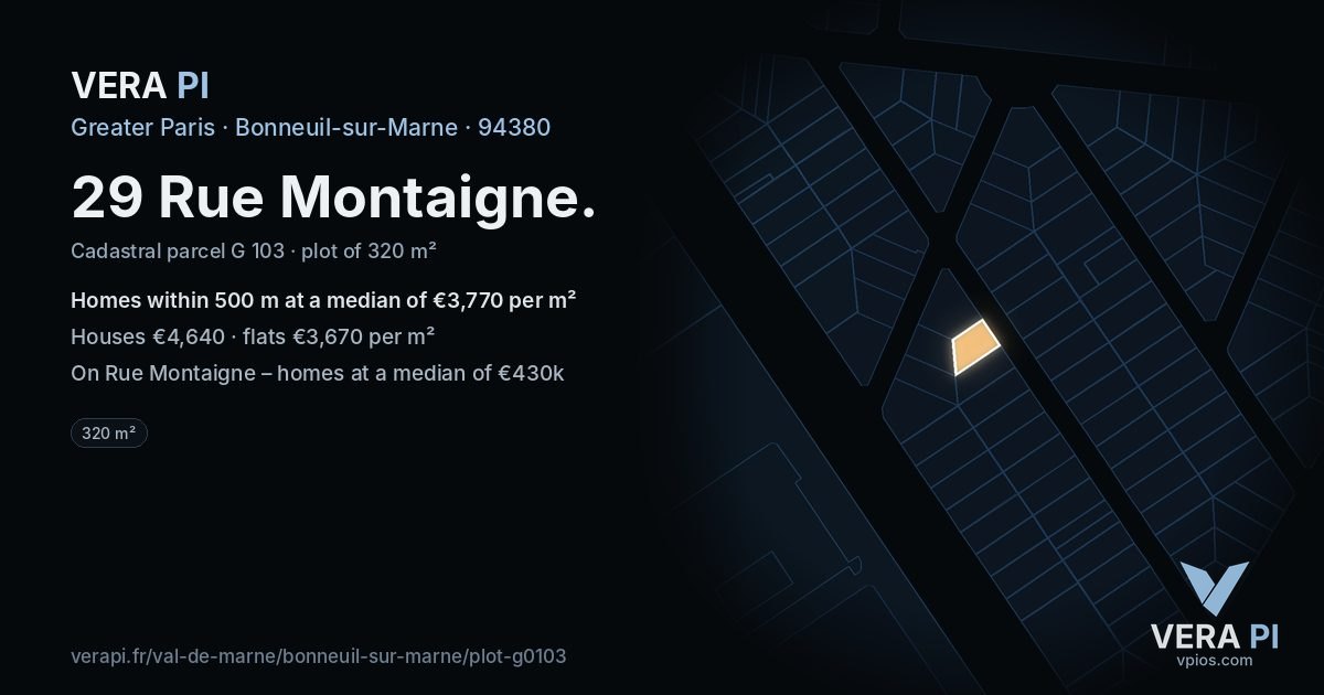 29 Rue Montaigne, Bonneuil-sur-Marne at night – the plot lit, the parcels around coloured by the prices near them