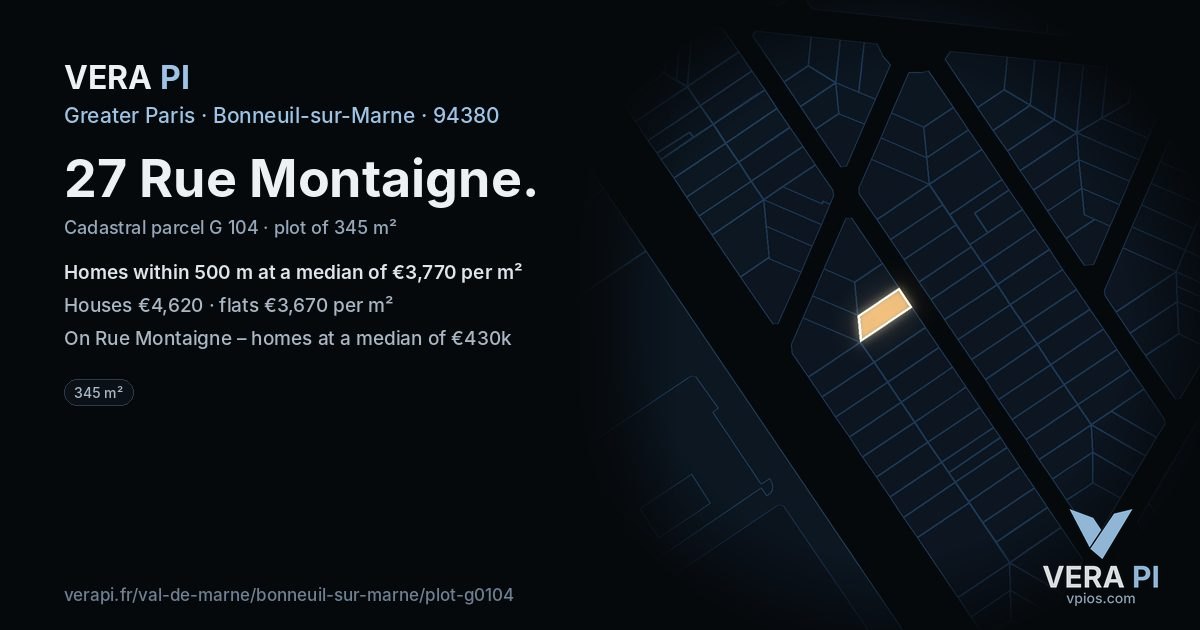 27 Rue Montaigne, Bonneuil-sur-Marne at night – the plot lit, the parcels around coloured by the prices near them
