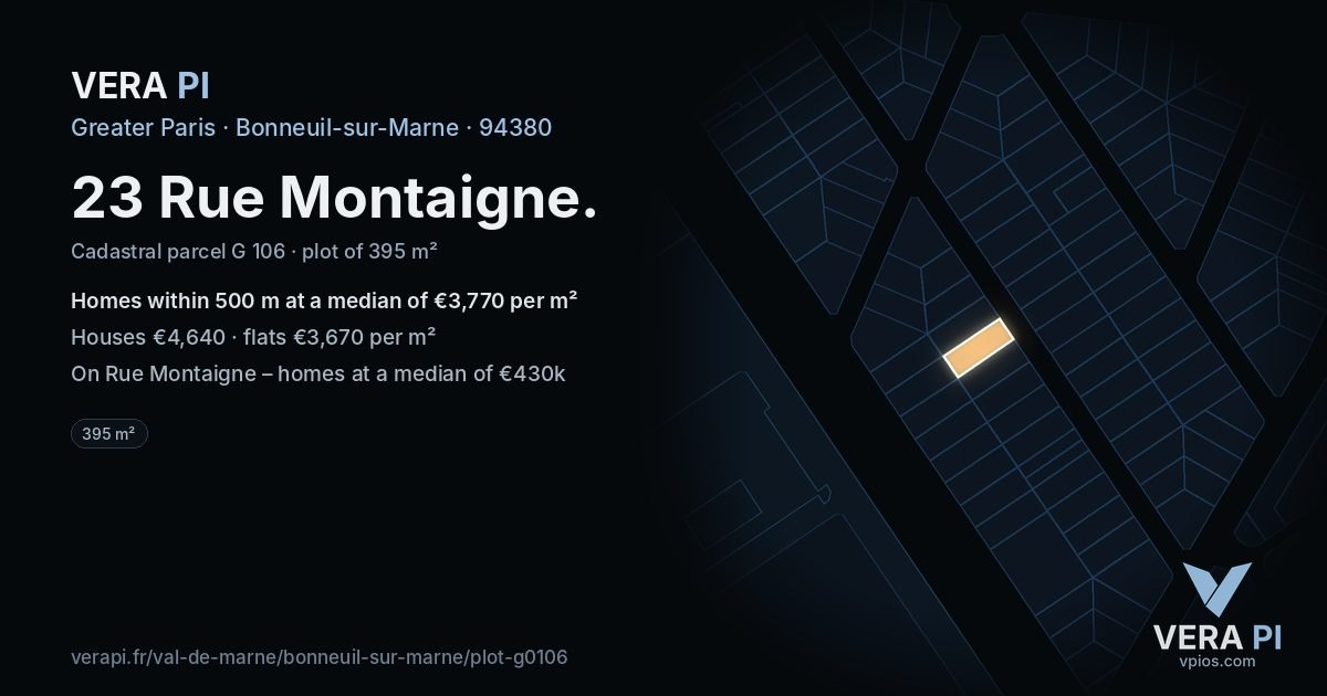 23 Rue Montaigne, Bonneuil-sur-Marne at night – the plot lit, the parcels around coloured by the prices near them