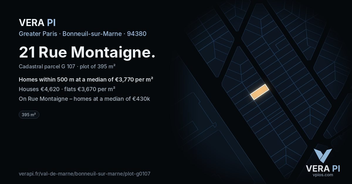 21 Rue Montaigne, Bonneuil-sur-Marne at night – the plot lit, the parcels around coloured by the prices near them