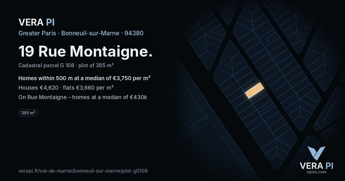 19 Rue Montaigne, Bonneuil-sur-Marne at night – the plot lit, the parcels around coloured by the prices near them