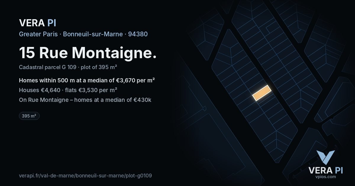 15 Rue Montaigne, Bonneuil-sur-Marne at night – the plot lit, the parcels around coloured by the prices near them