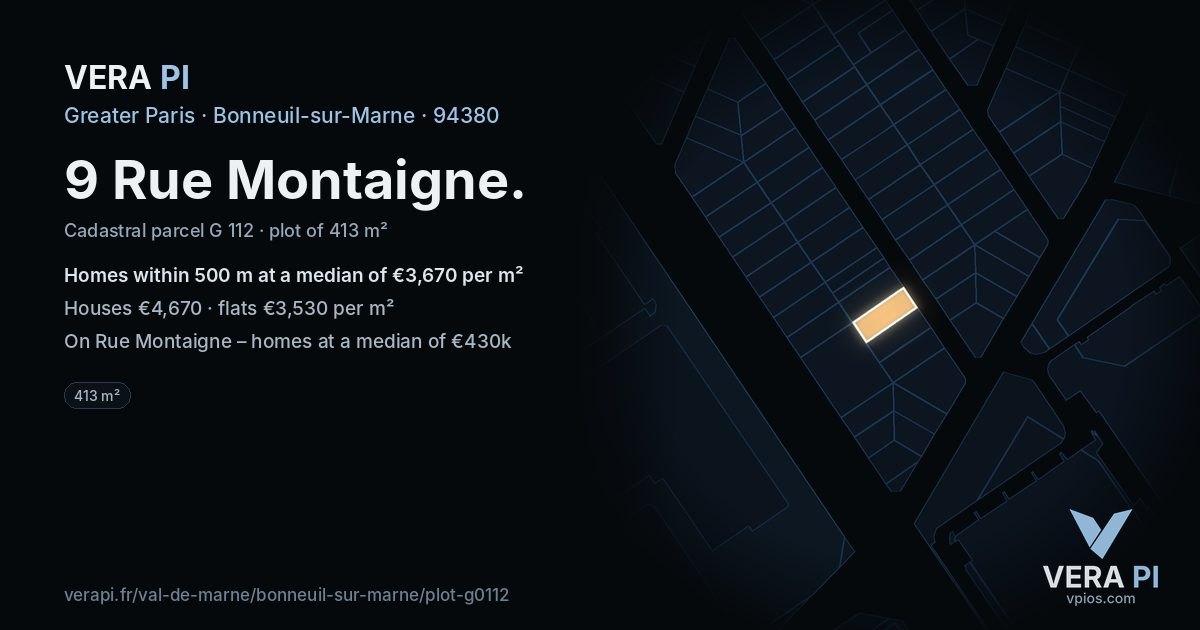 9 Rue Montaigne, Bonneuil-sur-Marne at night – the plot lit, the parcels around coloured by the prices near them