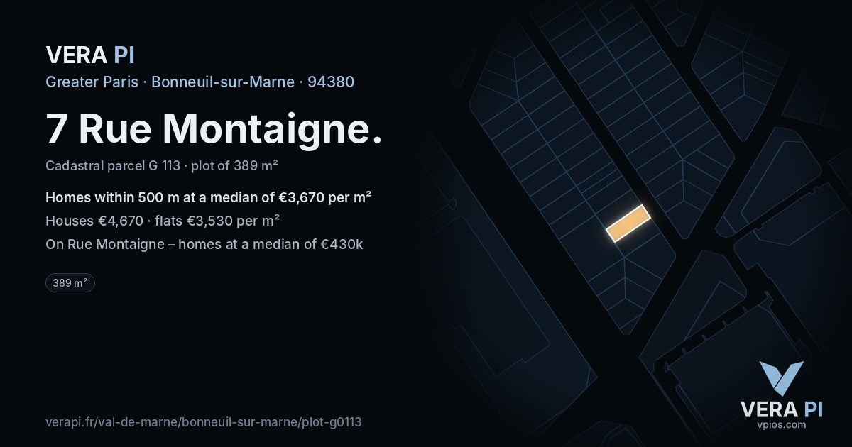 7 Rue Montaigne, Bonneuil-sur-Marne at night – the plot lit, the parcels around coloured by the prices near them