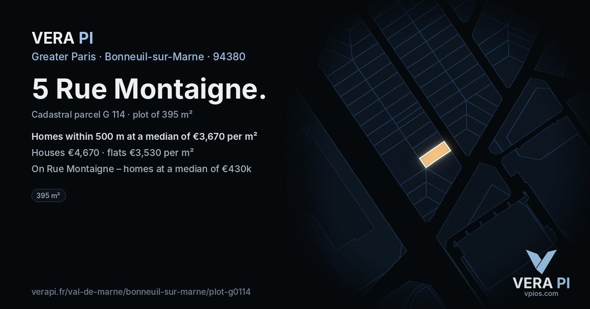 5 Rue Montaigne, Bonneuil-sur-Marne at night – the plot lit, the parcels around coloured by the prices near them