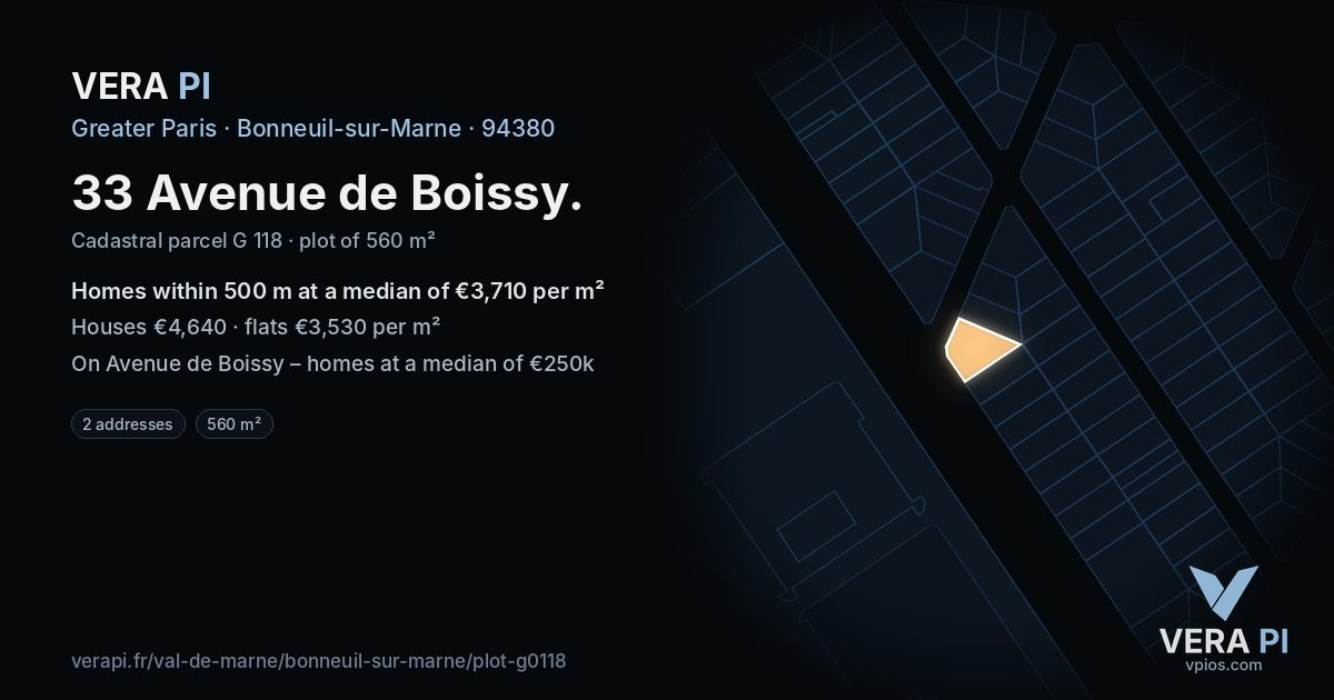 33 Avenue de Boissy, Bonneuil-sur-Marne at night – the plot lit, the parcels around coloured by the prices near them