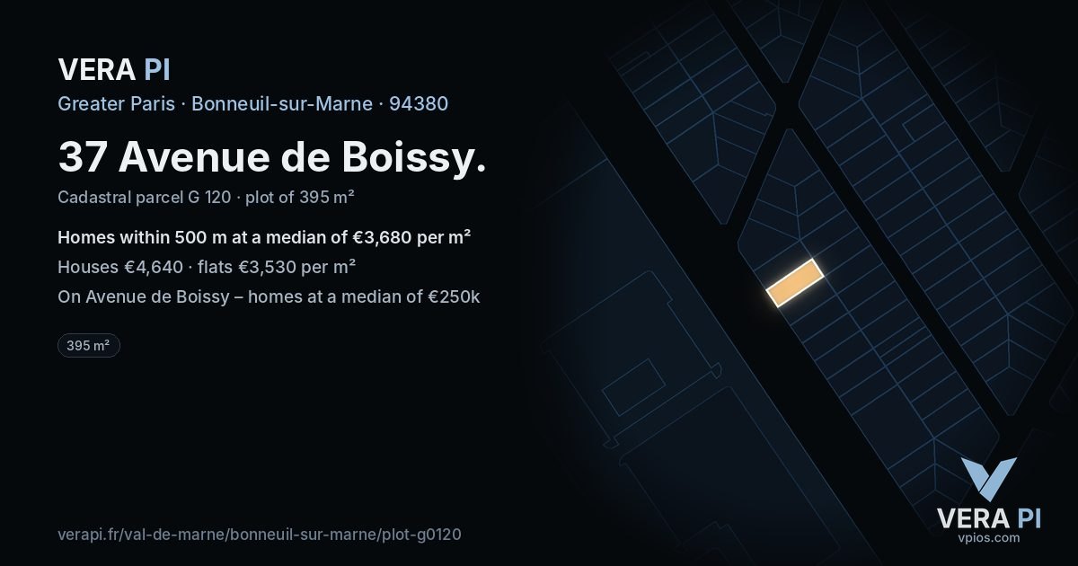 37 Avenue de Boissy, Bonneuil-sur-Marne at night – the plot lit, the parcels around coloured by the prices near them