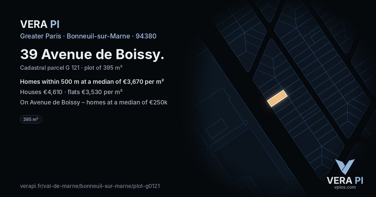 39 Avenue de Boissy, Bonneuil-sur-Marne at night – the plot lit, the parcels around coloured by the prices near them
