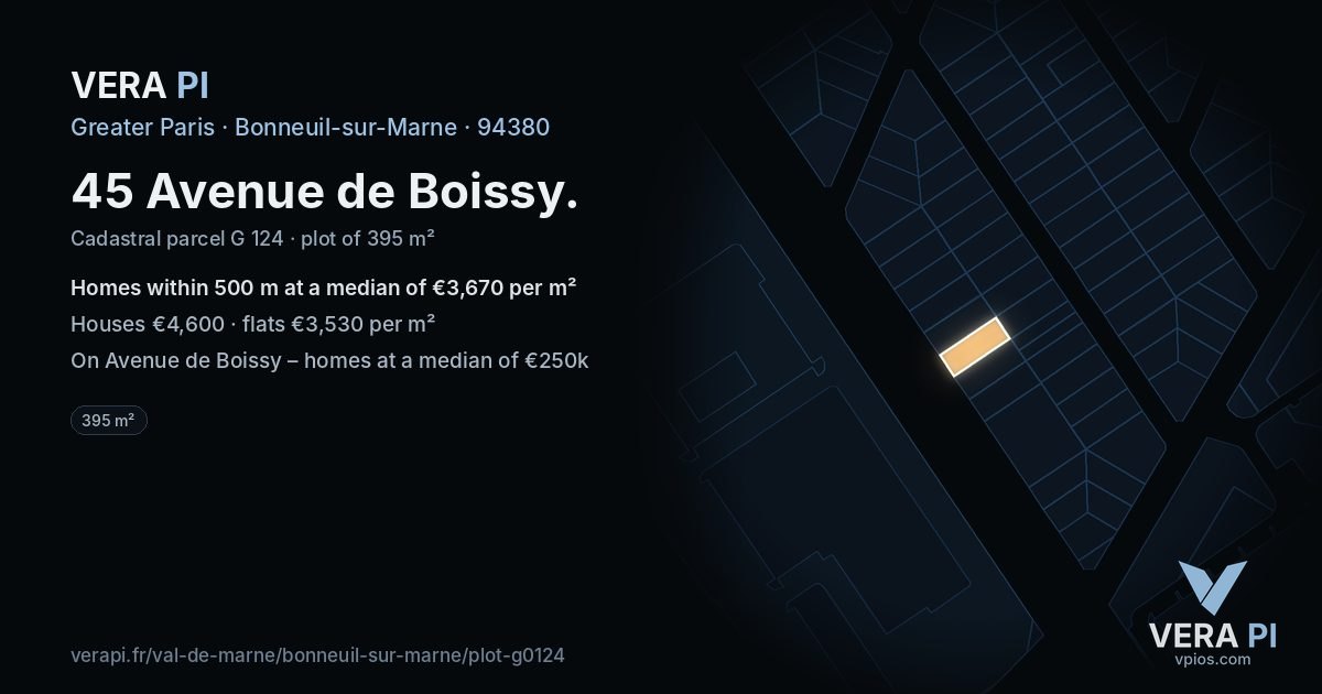 45 Avenue de Boissy, Bonneuil-sur-Marne at night – the plot lit, the parcels around coloured by the prices near them