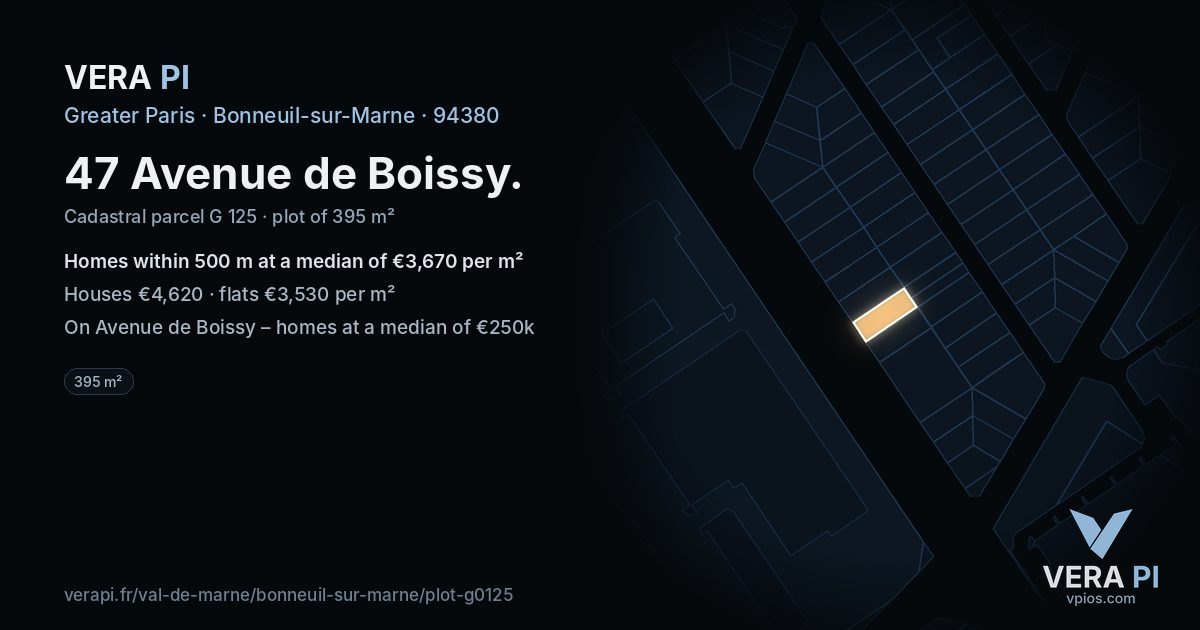 47 Avenue de Boissy, Bonneuil-sur-Marne at night – the plot lit, the parcels around coloured by the prices near them